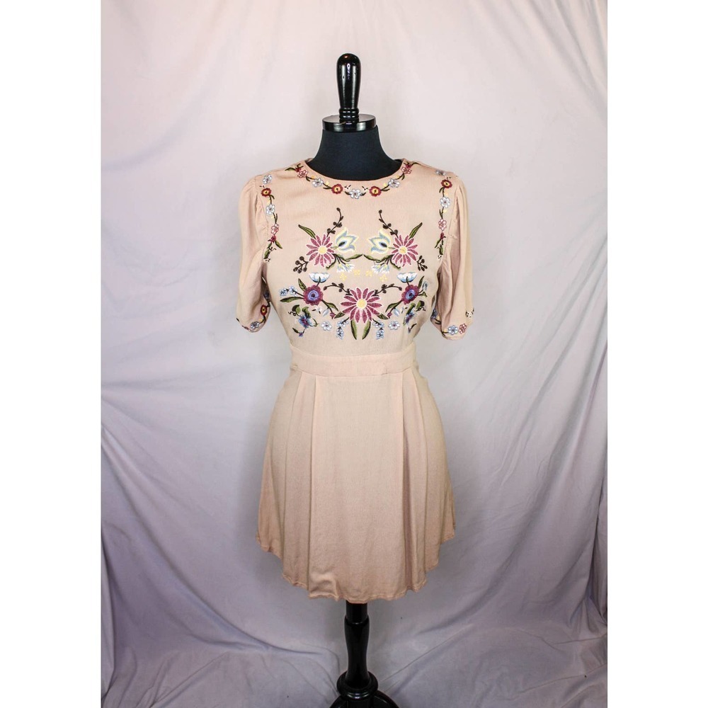 Blue Rain Dress Embroidered Mini Tan Floral Size M - Picture 1 of 4